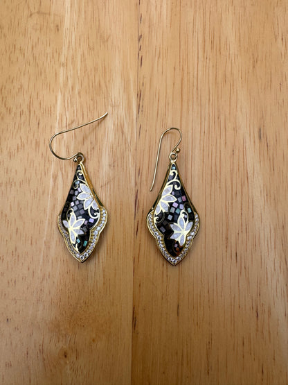 gray  and white long mother of pearl gold plated over sterling earrings
