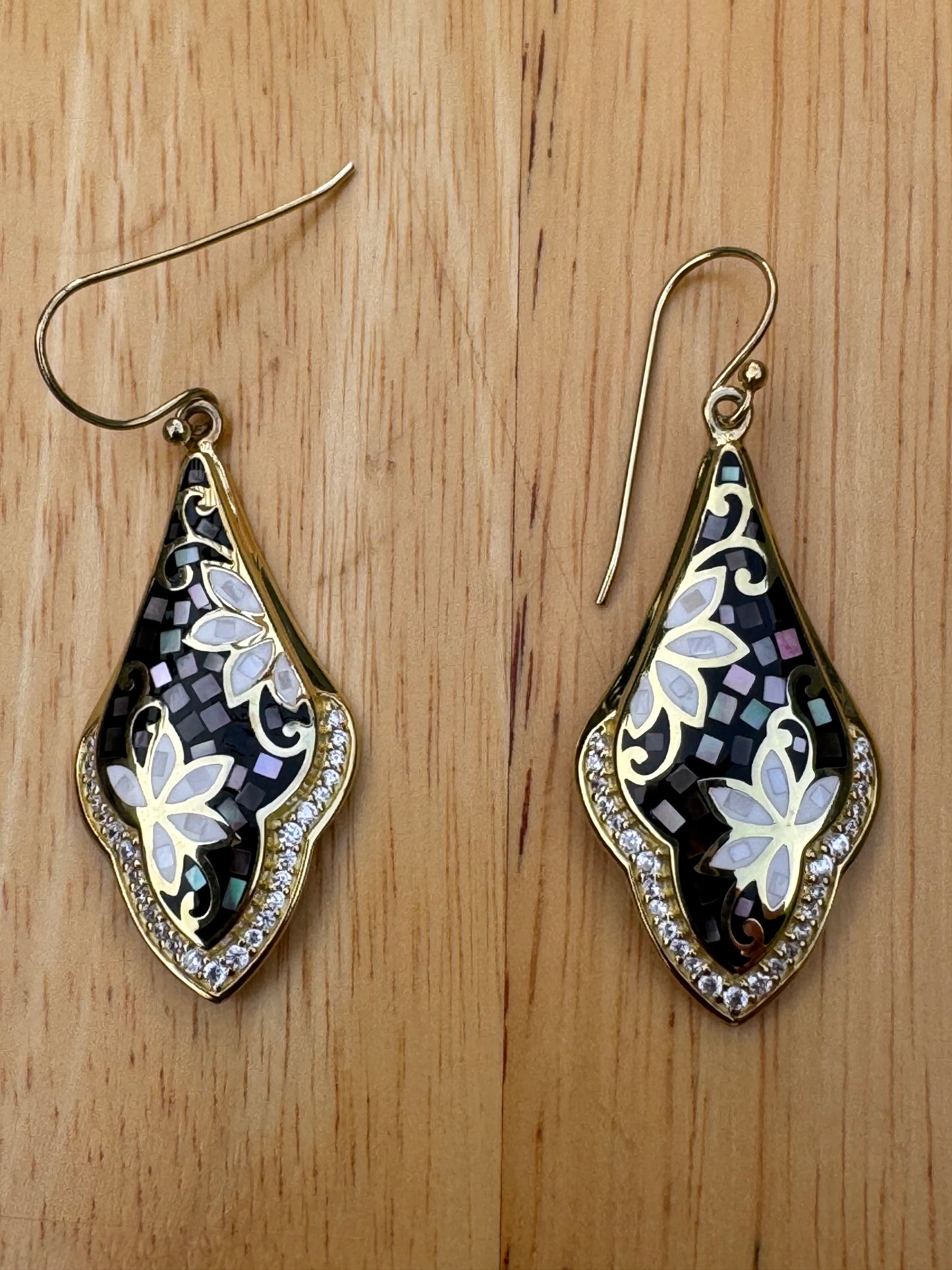 gray  and white long mother of pearl gold plated over sterling earrings