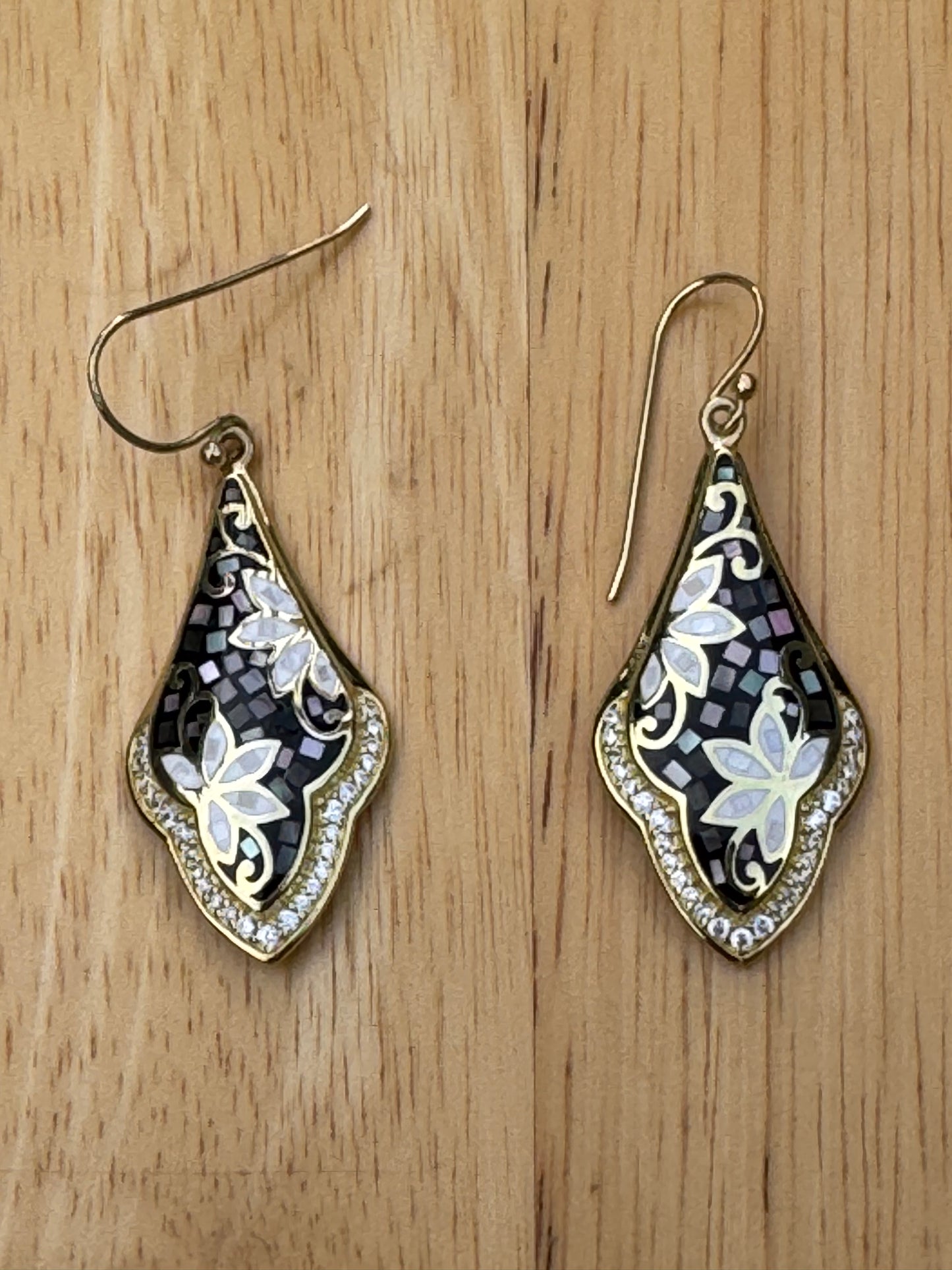 gray  and white long mother of pearl gold plated over sterling earrings