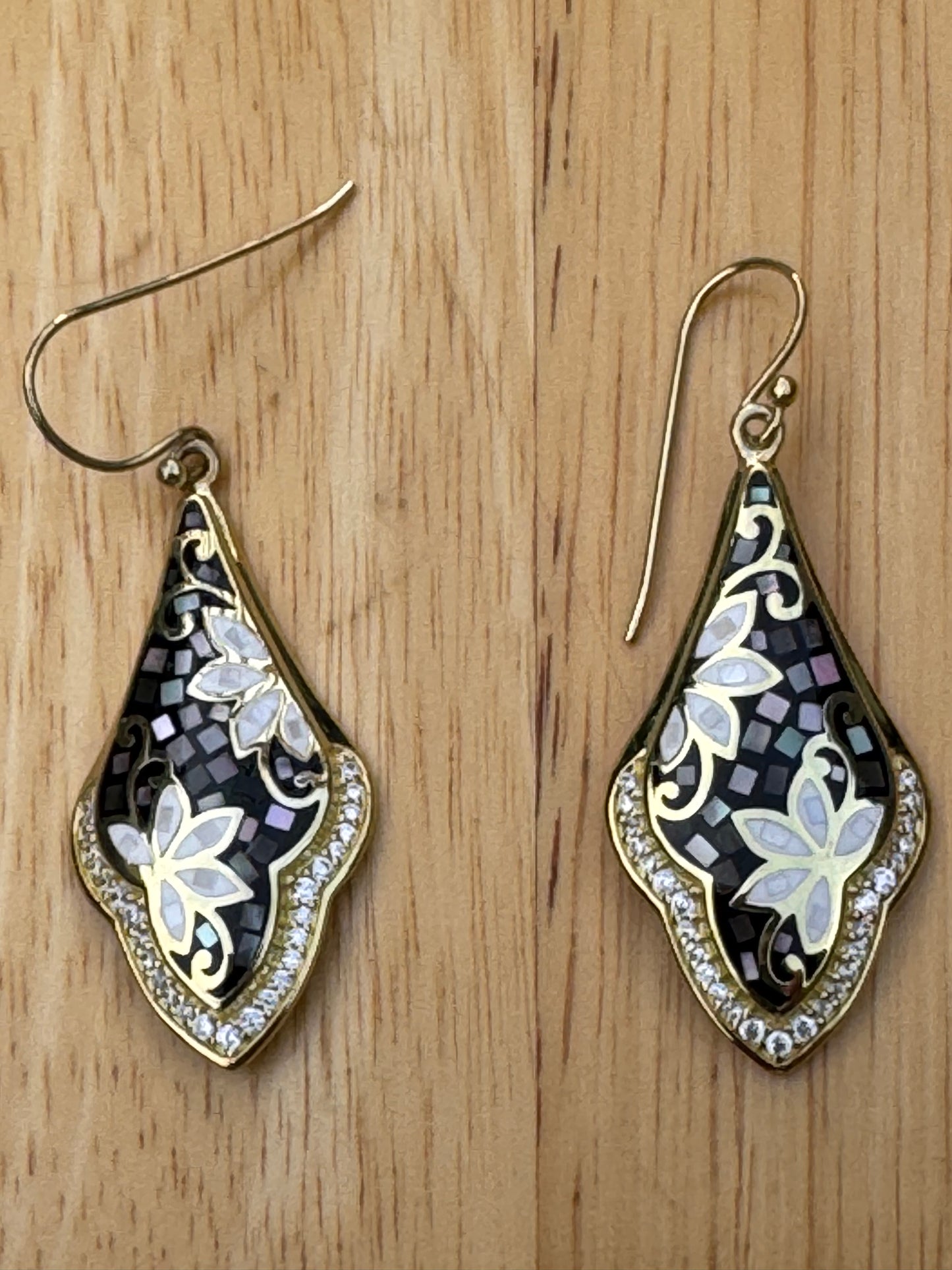 gray  and white long mother of pearl gold plated over sterling earrings