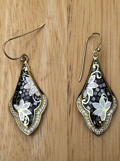 gray  and white long mother of pearl gold plated over sterling earrings