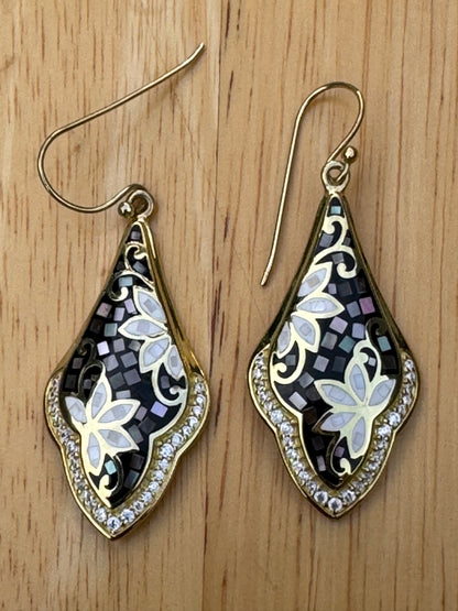 gray  and white long mother of pearl gold plated over sterling earrings