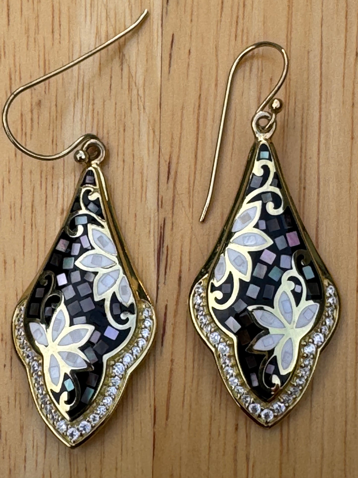 gray  and white long mother of pearl gold plated over sterling earrings