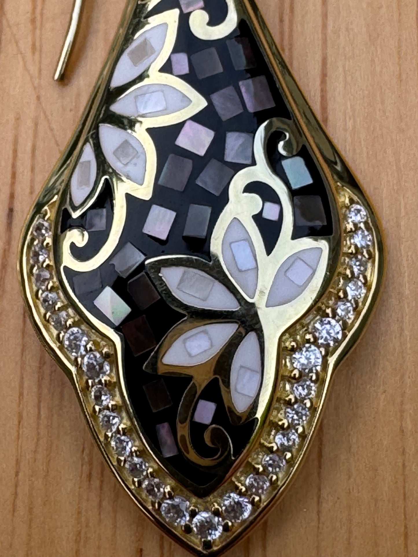 gray  and white long mother of pearl gold plated over sterling earrings