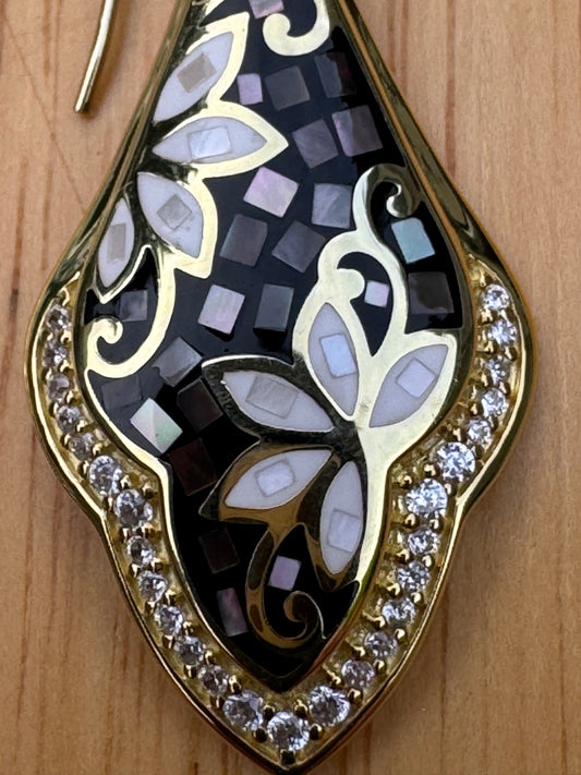 gray  and white long mother of pearl gold plated over sterling earrings