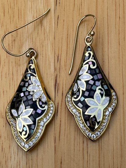 gray  and white long mother of pearl gold plated over sterling earrings