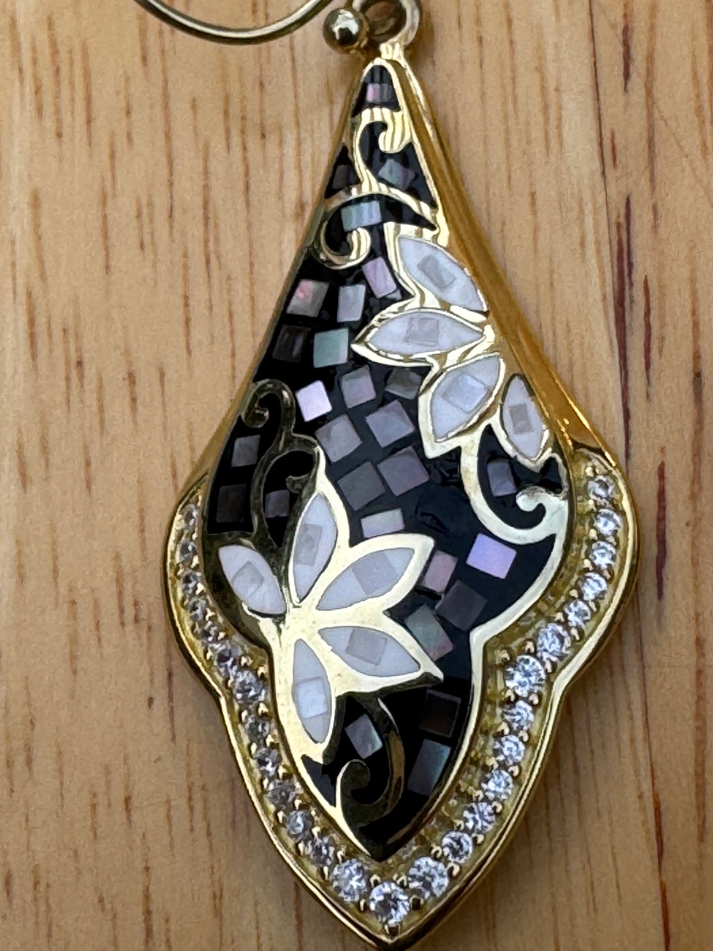 gray  and white long mother of pearl gold plated over sterling earrings