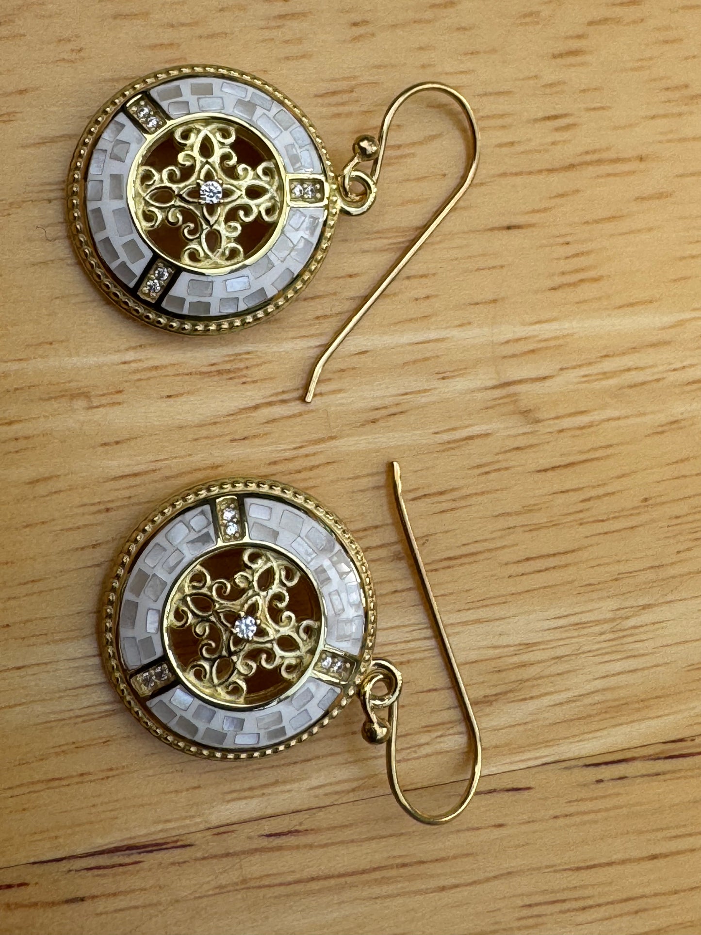 GOLDEN WHITE MOTHER OF PEARL MOSAIC  DECORATIVE GOLD PLATED OVER STERLING EARRINGS