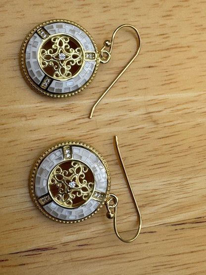 GOLDEN WHITE MOTHER OF PEARL MOSAIC  DECORATIVE GOLD PLATED OVER STERLING EARRINGS