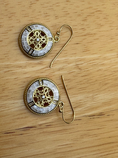 GOLDEN WHITE MOTHER OF PEARL MOSAIC  DECORATIVE GOLD PLATED OVER STERLING EARRINGS
