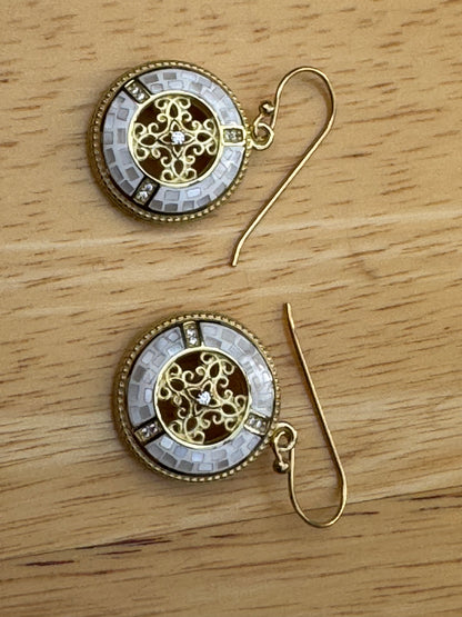 GOLDEN WHITE MOTHER OF PEARL MOSAIC  DECORATIVE GOLD PLATED OVER STERLING EARRINGS