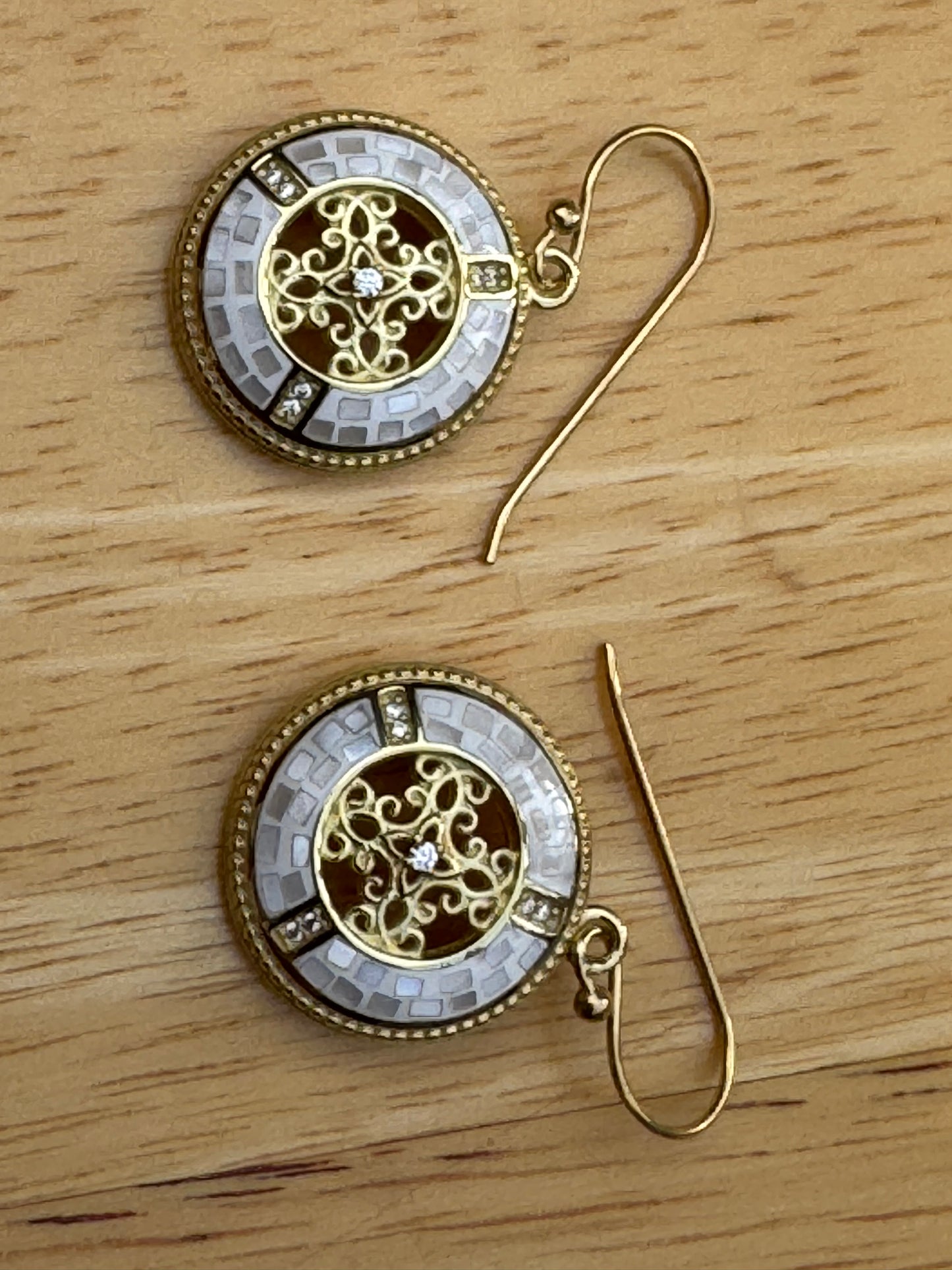 GOLDEN WHITE MOTHER OF PEARL MOSAIC  DECORATIVE GOLD PLATED OVER STERLING EARRINGS