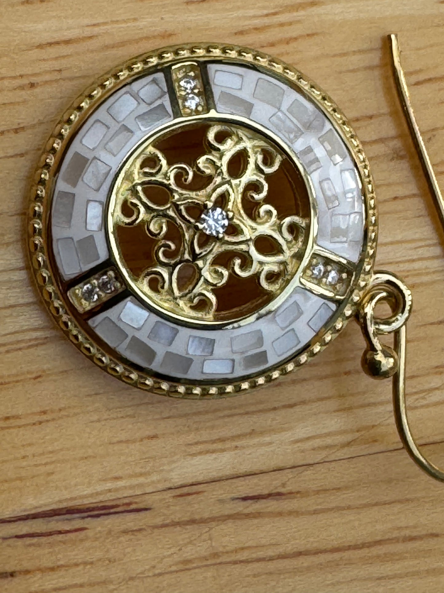 GOLDEN WHITE MOTHER OF PEARL MOSAIC  DECORATIVE GOLD PLATED OVER STERLING EARRINGS