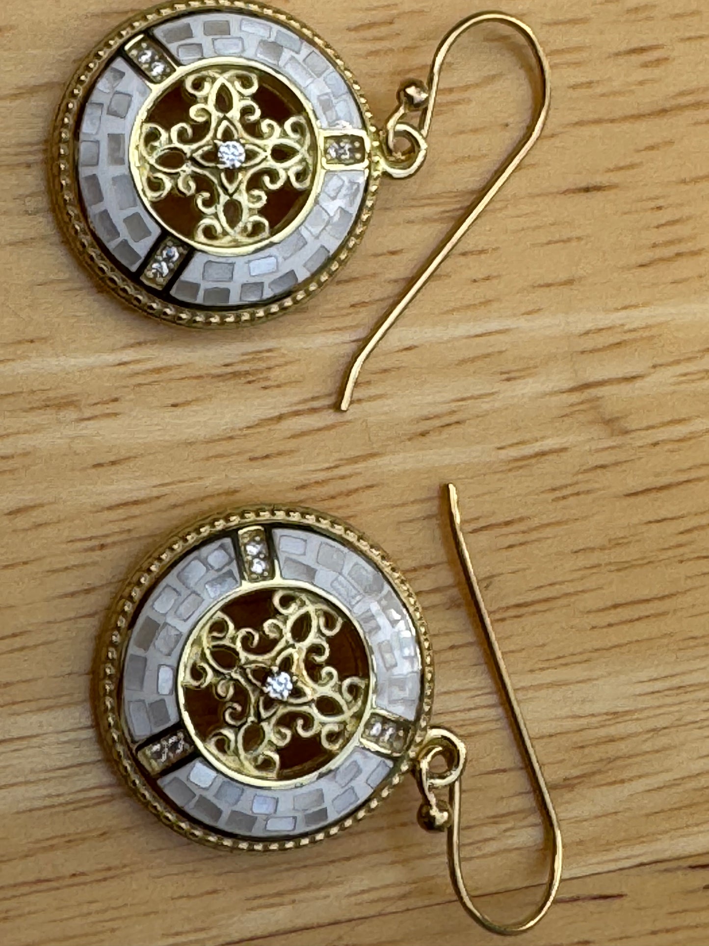 GOLDEN WHITE MOTHER OF PEARL MOSAIC  DECORATIVE GOLD PLATED OVER STERLING EARRINGS