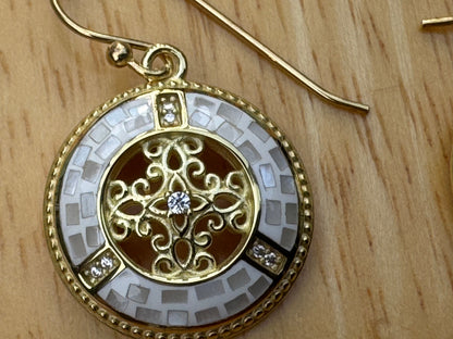GOLDEN WHITE MOTHER OF PEARL MOSAIC  DECORATIVE GOLD PLATED OVER STERLING EARRINGS