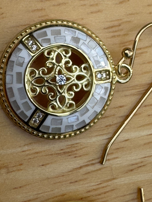 GOLDEN WHITE MOTHER OF PEARL MOSAIC  DECORATIVE GOLD PLATED OVER STERLING EARRINGS