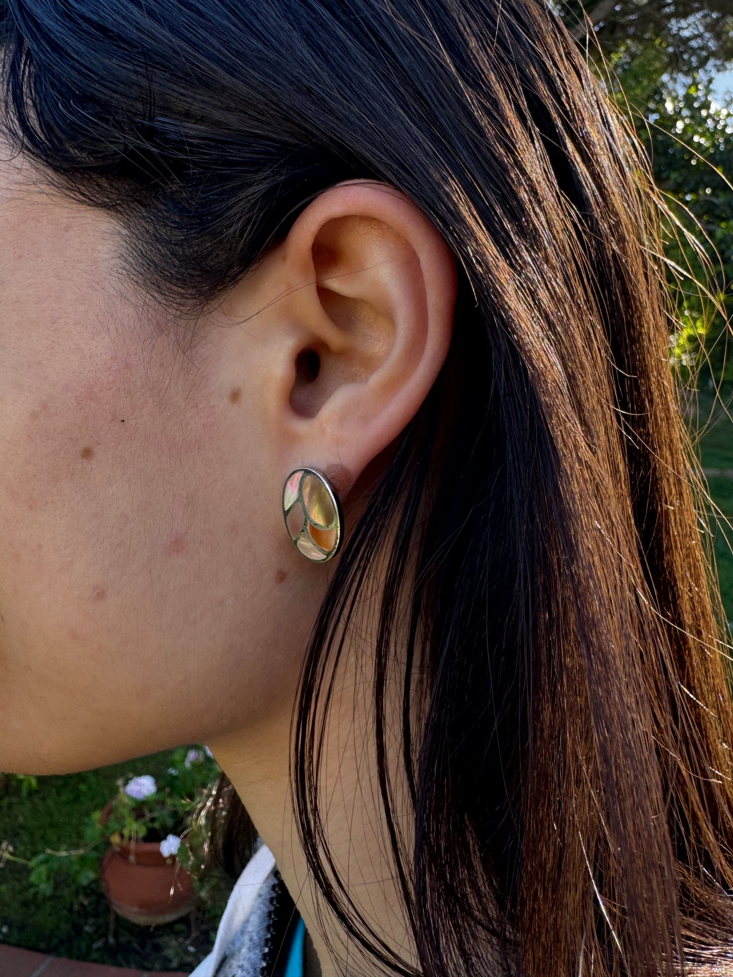POST OVAL BROWN MOTHER OF PEARL STERLING EARRINGS