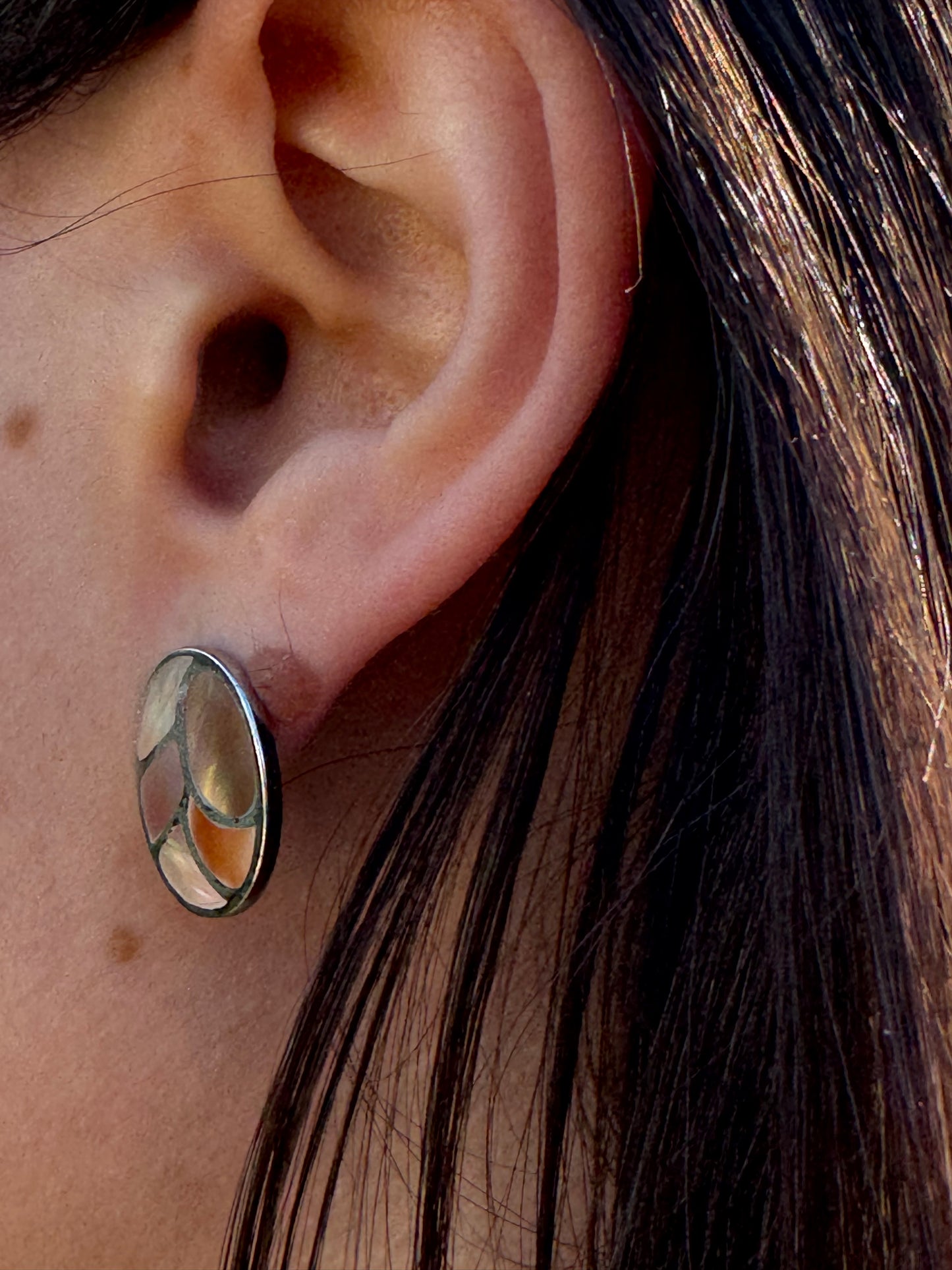 POST OVAL BROWN MOTHER OF PEARL STERLING EARRINGS