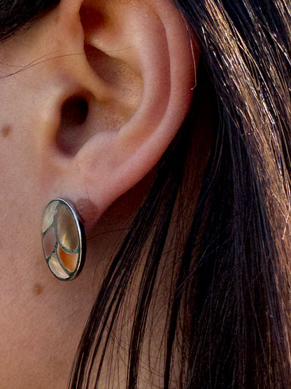 POST OVAL BROWN MOTHER OF PEARL STERLING EARRINGS