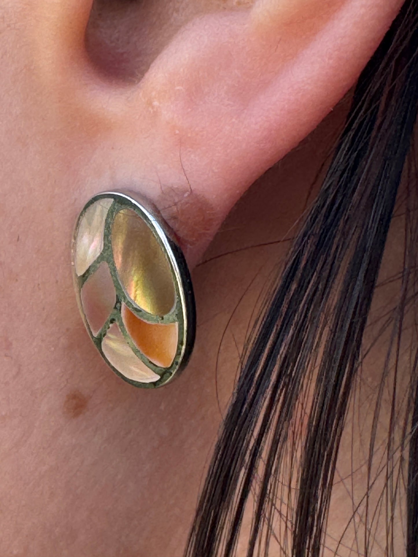 POST OVAL BROWN MOTHER OF PEARL STERLING EARRINGS