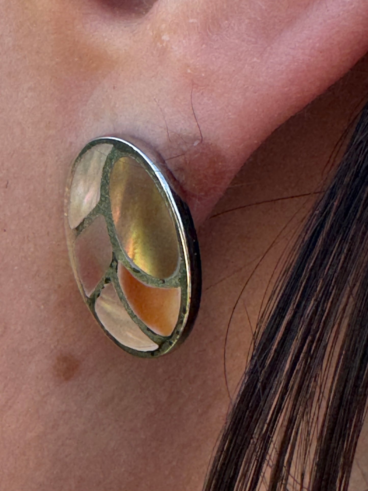 POST OVAL BROWN MOTHER OF PEARL STERLING EARRINGS