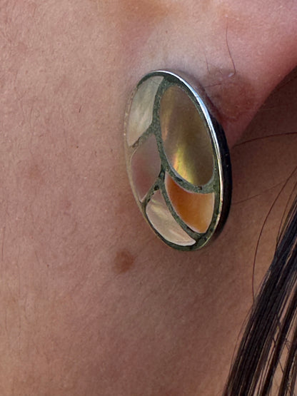 POST OVAL BROWN MOTHER OF PEARL STERLING EARRINGS