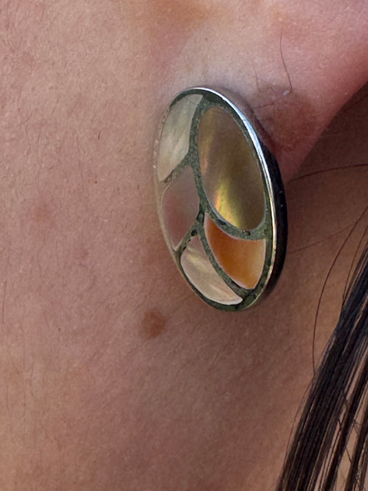 POST OVAL BROWN MOTHER OF PEARL STERLING EARRINGS