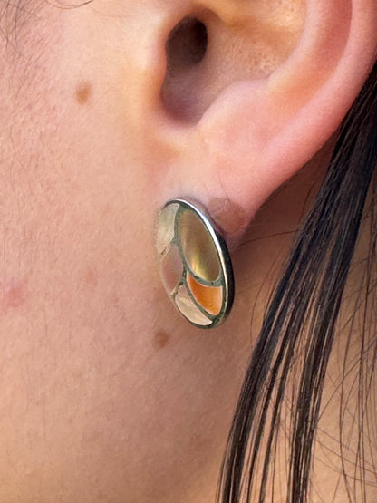 POST OVAL BROWN MOTHER OF PEARL STERLING EARRINGS