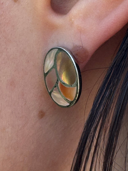 POST OVAL BROWN MOTHER OF PEARL STERLING EARRINGS