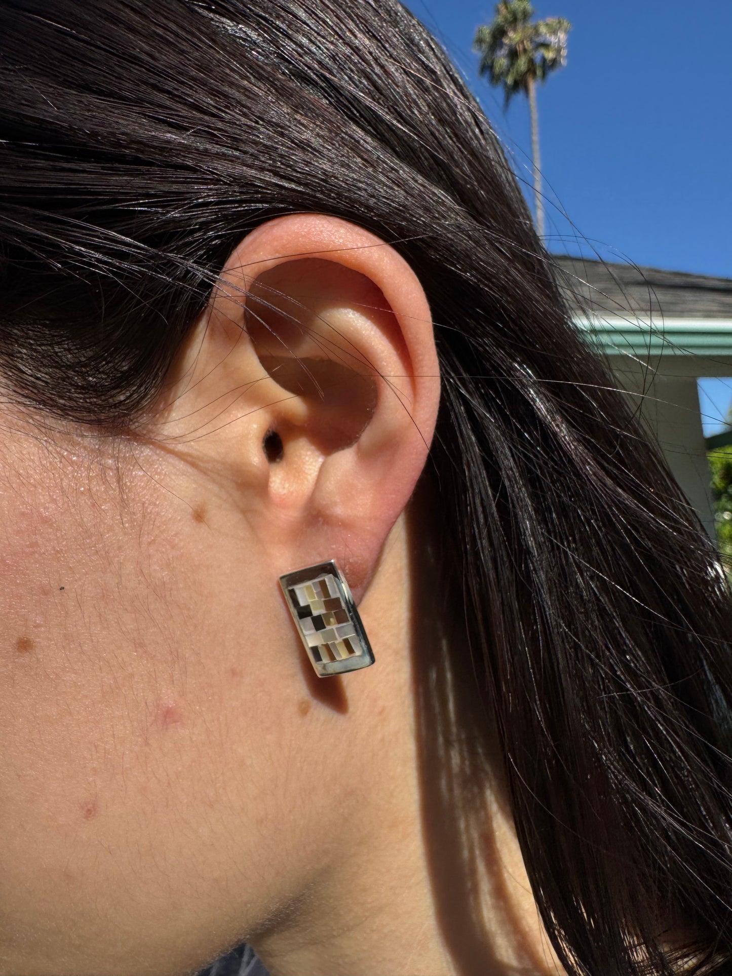 RECTANGLE BROWN AND WHITE MOTHER OF PEARL STERLING EARRINGS -POST