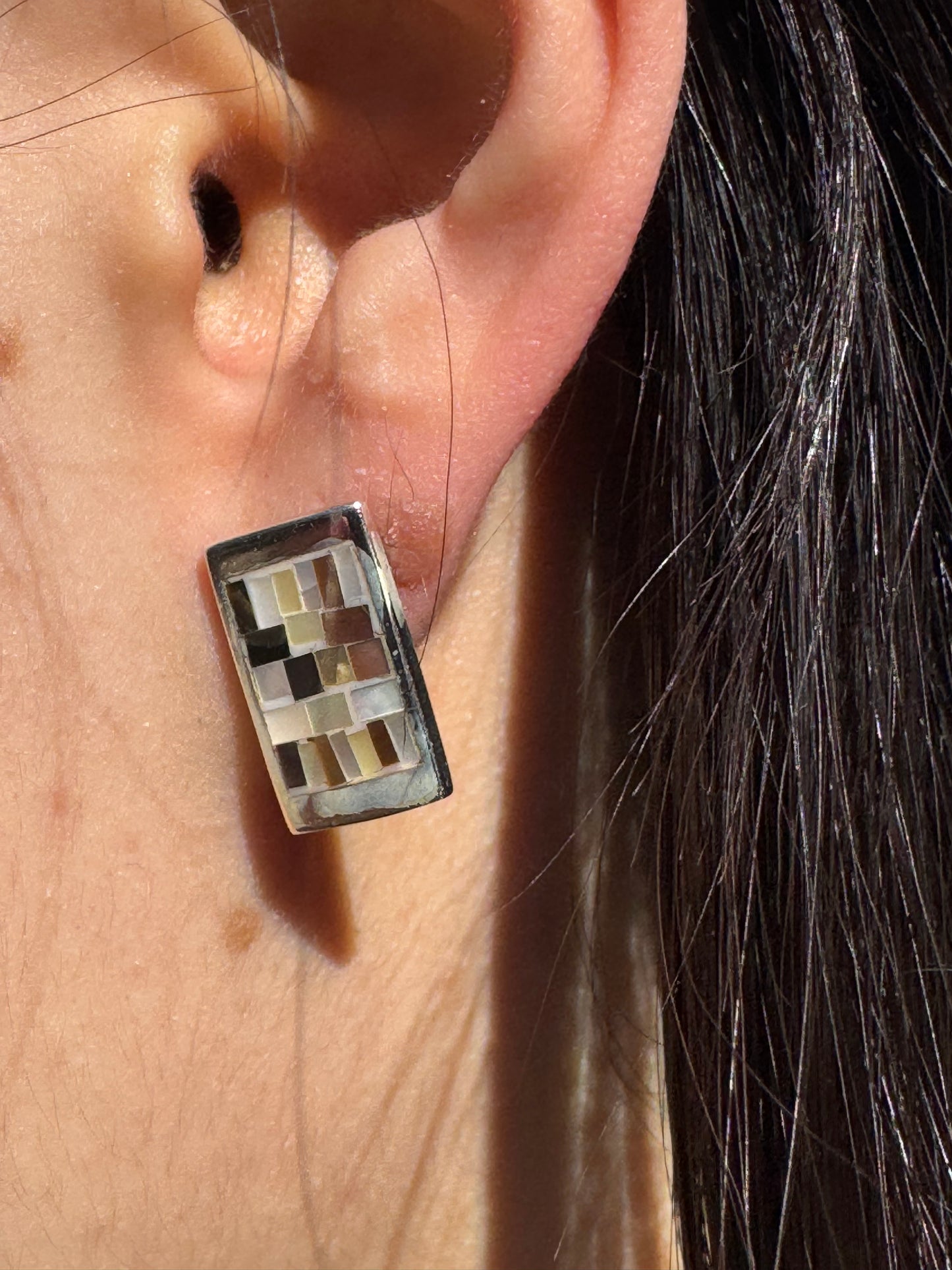 RECTANGLE BROWN AND WHITE MOTHER OF PEARL STERLING EARRINGS -POST