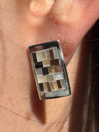RECTANGLE BROWN AND WHITE MOTHER OF PEARL STERLING EARRINGS -POST