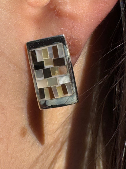 RECTANGLE BROWN AND WHITE MOTHER OF PEARL STERLING EARRINGS -POST
