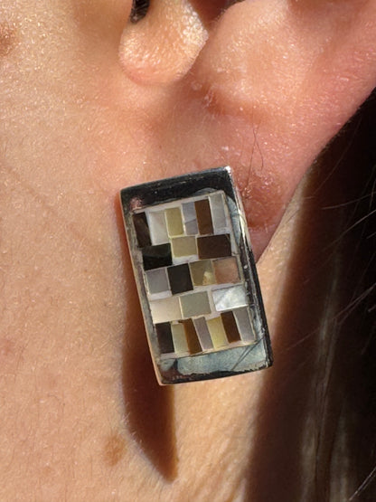 RECTANGLE BROWN AND WHITE MOTHER OF PEARL STERLING EARRINGS -POST
