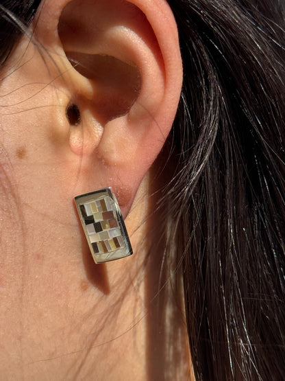 RECTANGLE BROWN AND WHITE MOTHER OF PEARL STERLING EARRINGS -POST