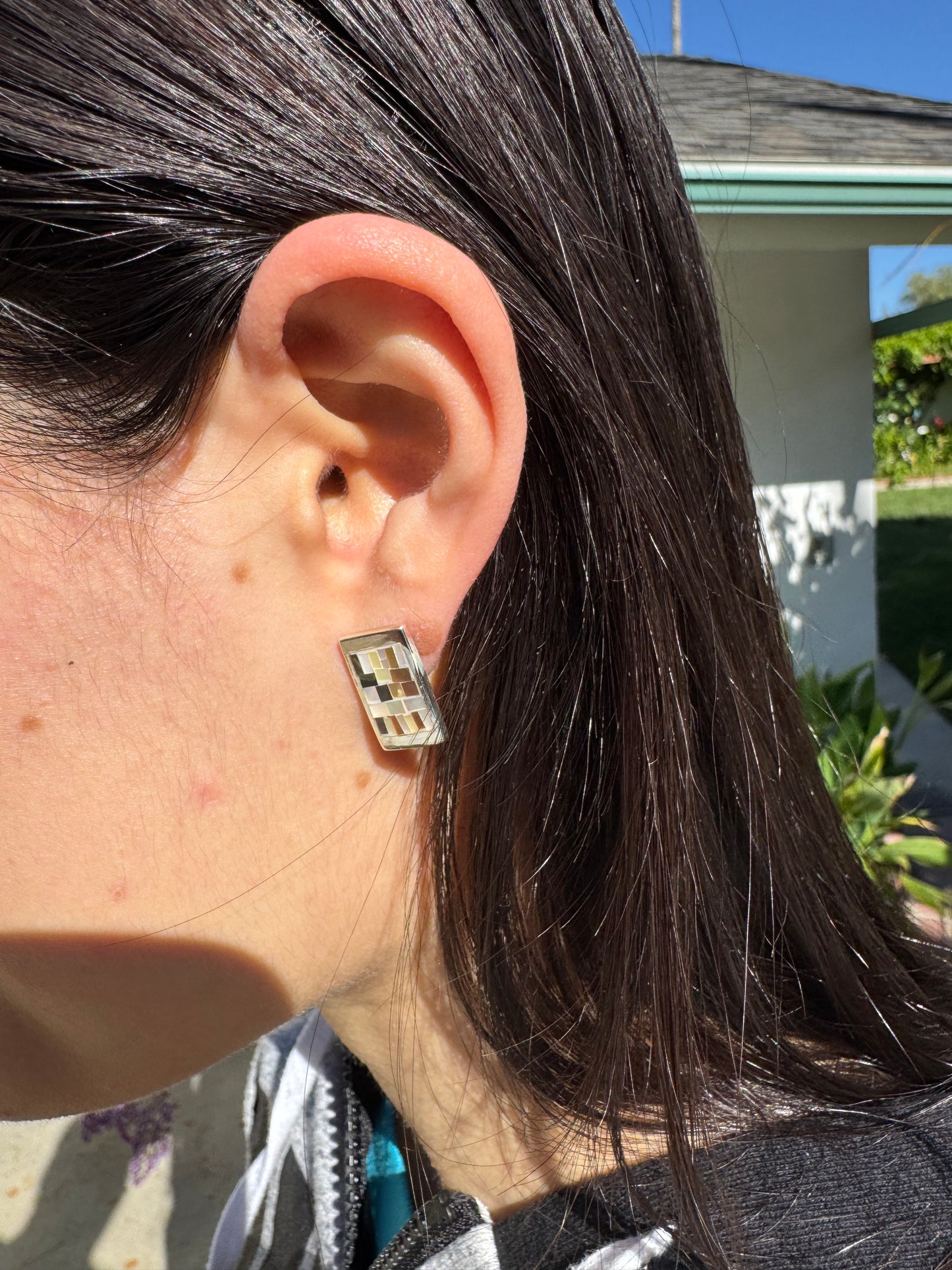 RECTANGLE BROWN AND WHITE MOTHER OF PEARL STERLING EARRINGS -POST