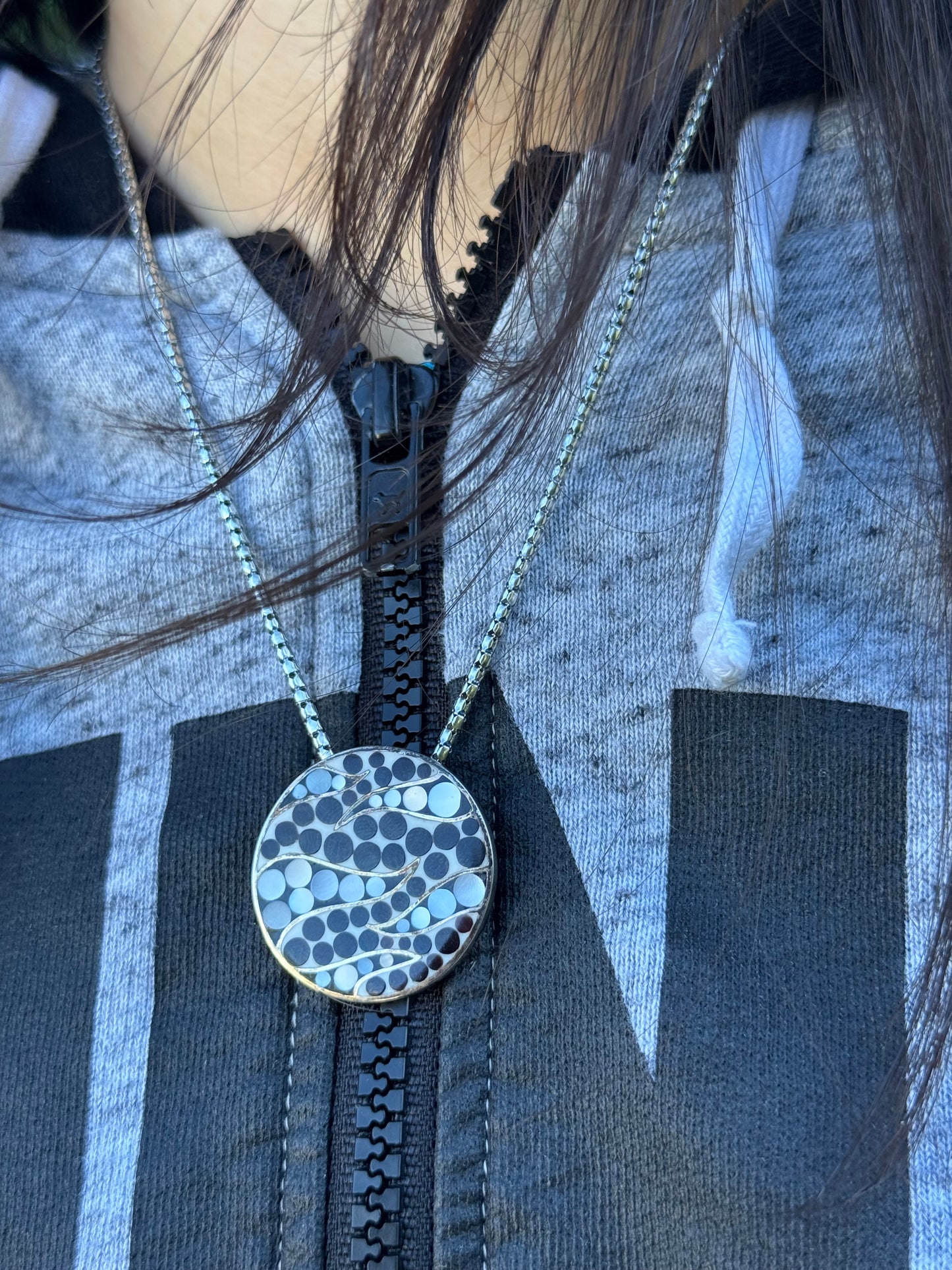 BIG ROUND BLACK AND WHITE MOTHER OF PEARL STERLING NECKLACE