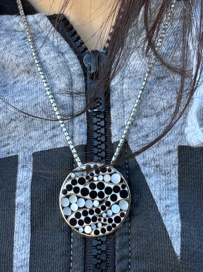 BIG ROUND BLACK AND WHITE MOTHER OF PEARL STERLING NECKLACE