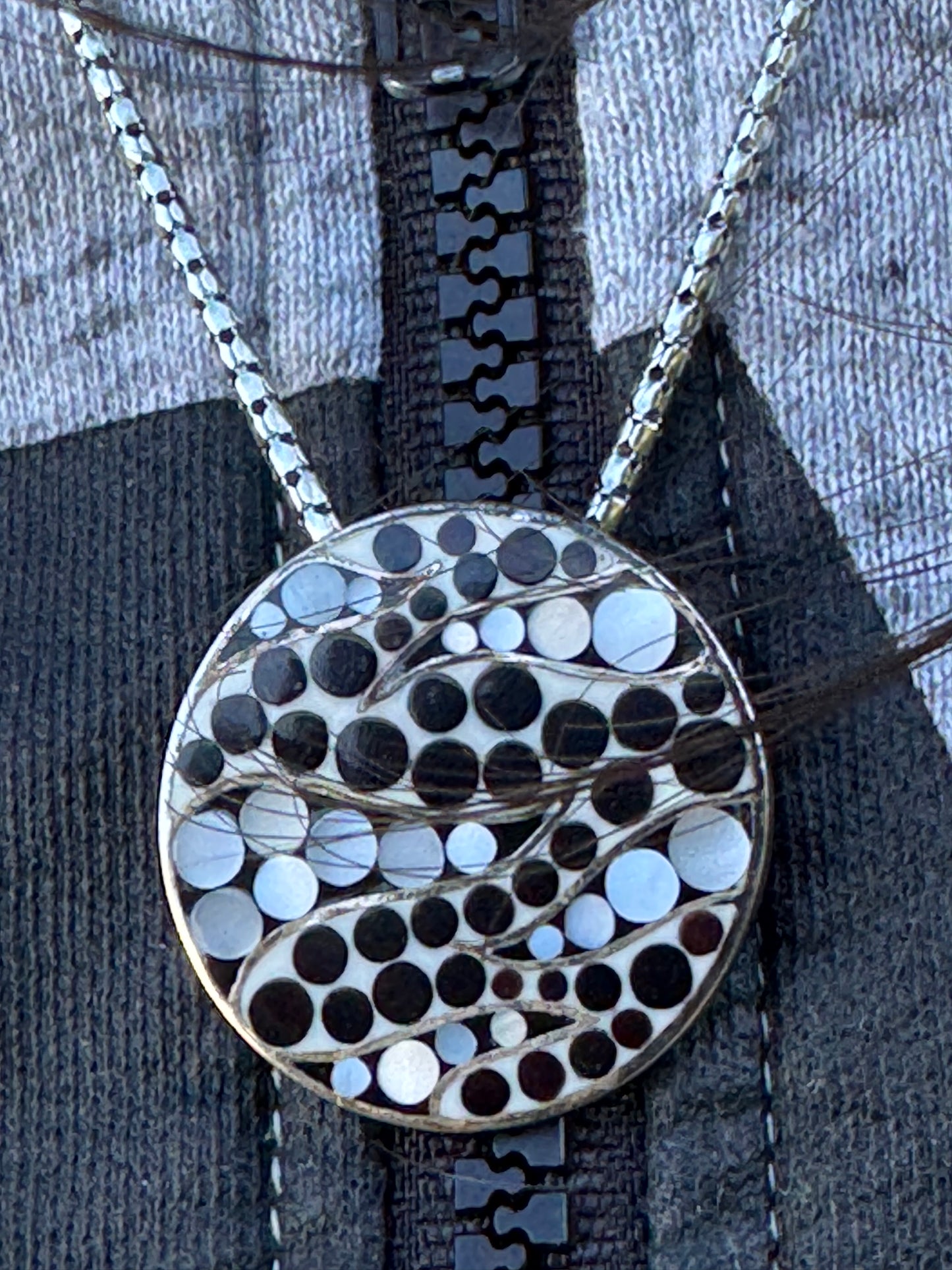 BIG ROUND BLACK AND WHITE MOTHER OF PEARL STERLING NECKLACE