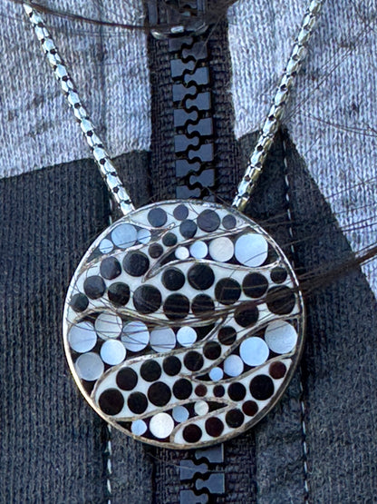 BIG ROUND BLACK AND WHITE MOTHER OF PEARL STERLING NECKLACE
