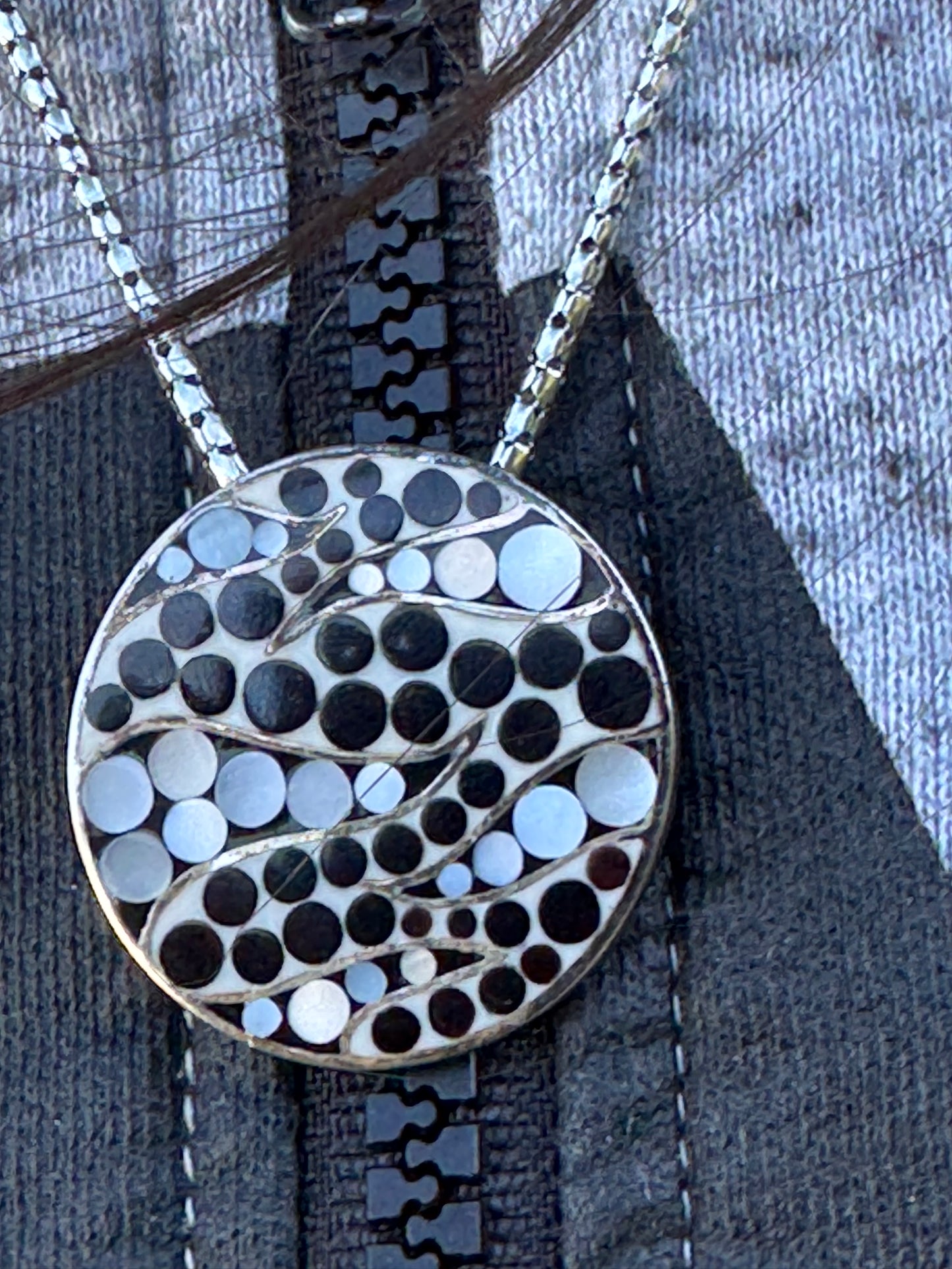 BIG ROUND BLACK AND WHITE MOTHER OF PEARL STERLING NECKLACE