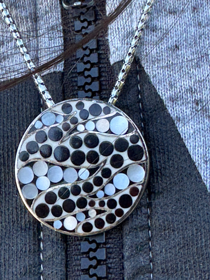 BIG ROUND BLACK AND WHITE MOTHER OF PEARL STERLING NECKLACE