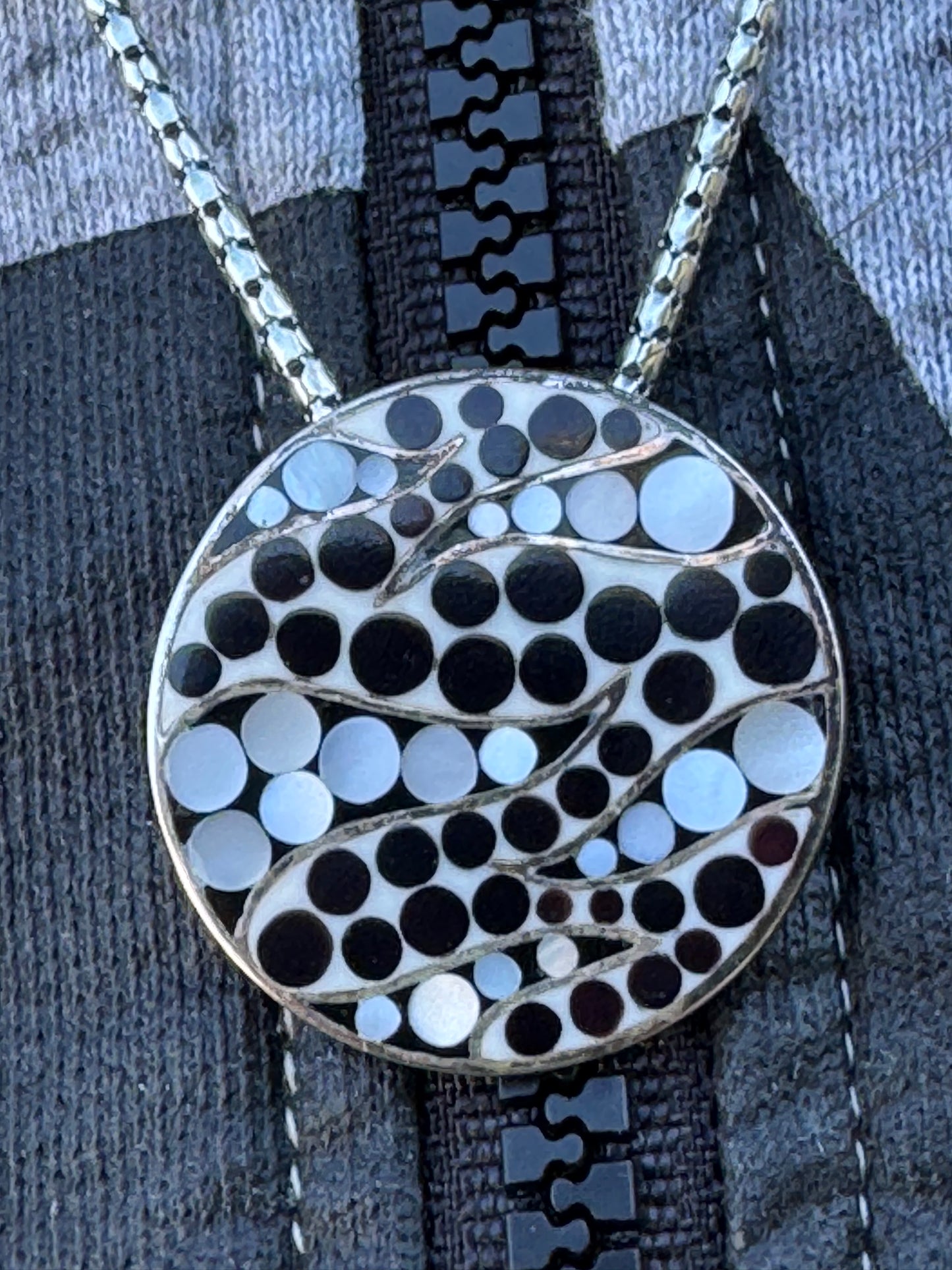 BIG ROUND BLACK AND WHITE MOTHER OF PEARL STERLING NECKLACE