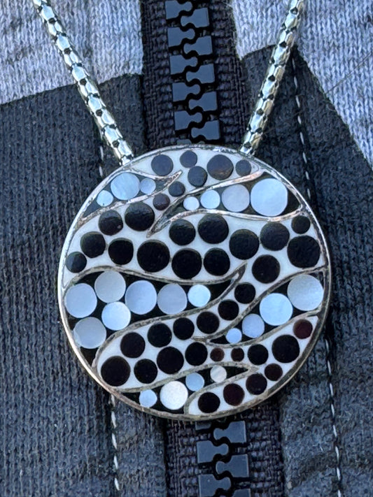 BIG ROUND BLACK AND WHITE MOTHER OF PEARL STERLING NECKLACE