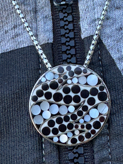 BIG ROUND BLACK AND WHITE MOTHER OF PEARL STERLING NECKLACE
