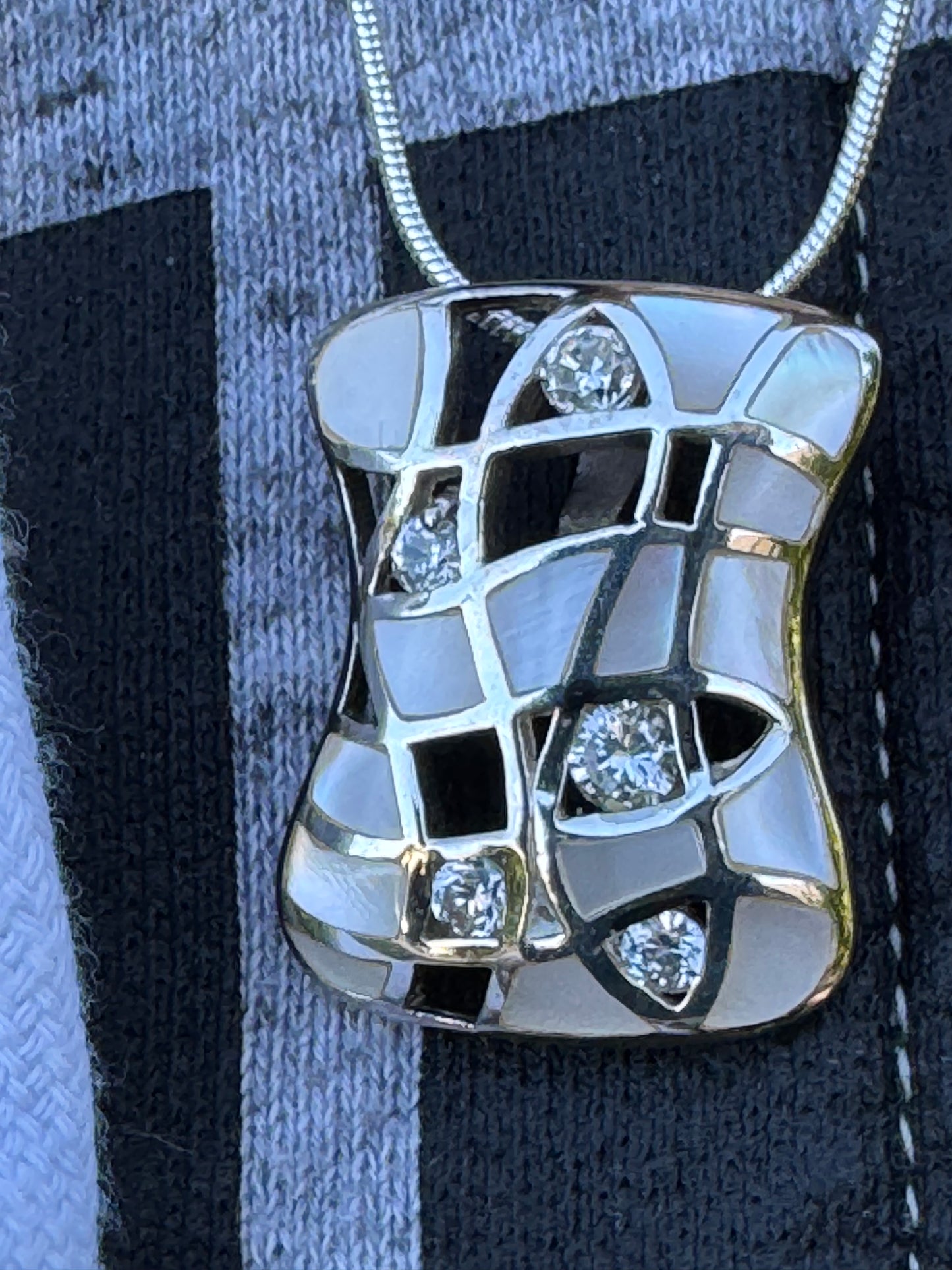 EVENING DRESSING-WHITE MOTHER OF PEARL PLUS CLEAR CRYSTALS STERLING NECKLACE