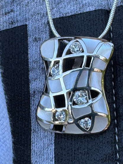 EVENING DRESSING-WHITE MOTHER OF PEARL PLUS CLEAR CRYSTALS STERLING NECKLACE