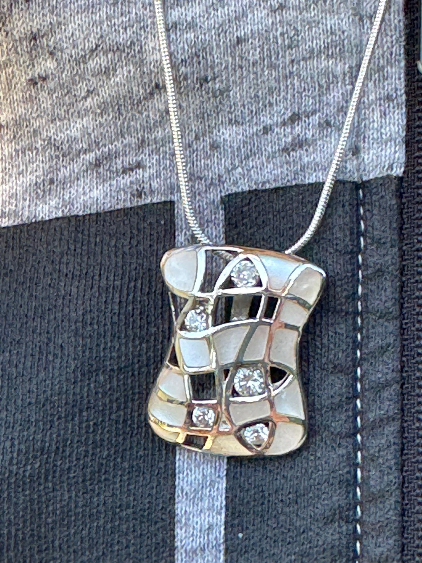 EVENING DRESSING-WHITE MOTHER OF PEARL PLUS CLEAR CRYSTALS STERLING NECKLACE