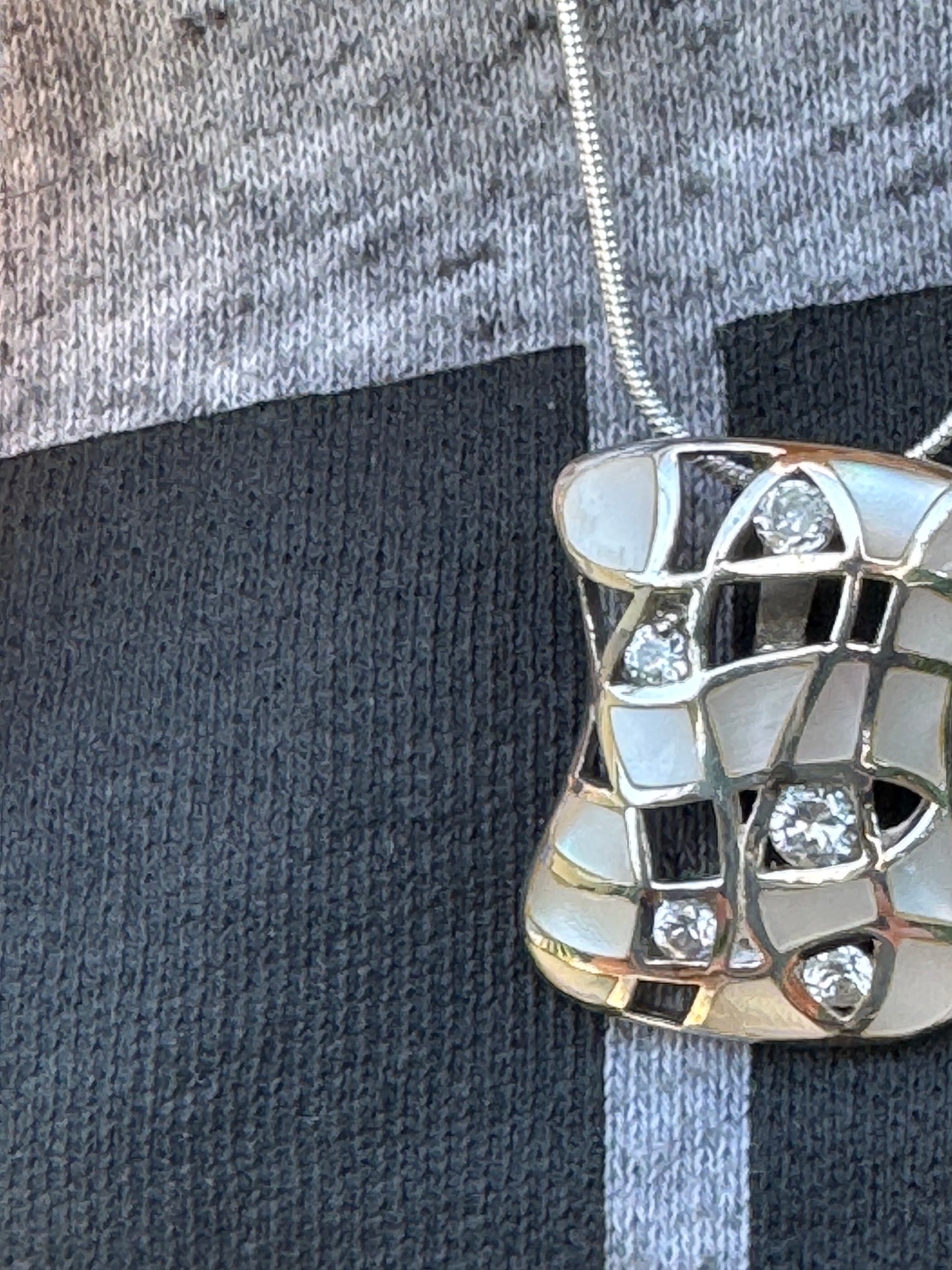 EVENING DRESSING-WHITE MOTHER OF PEARL PLUS CLEAR CRYSTALS STERLING NECKLACE