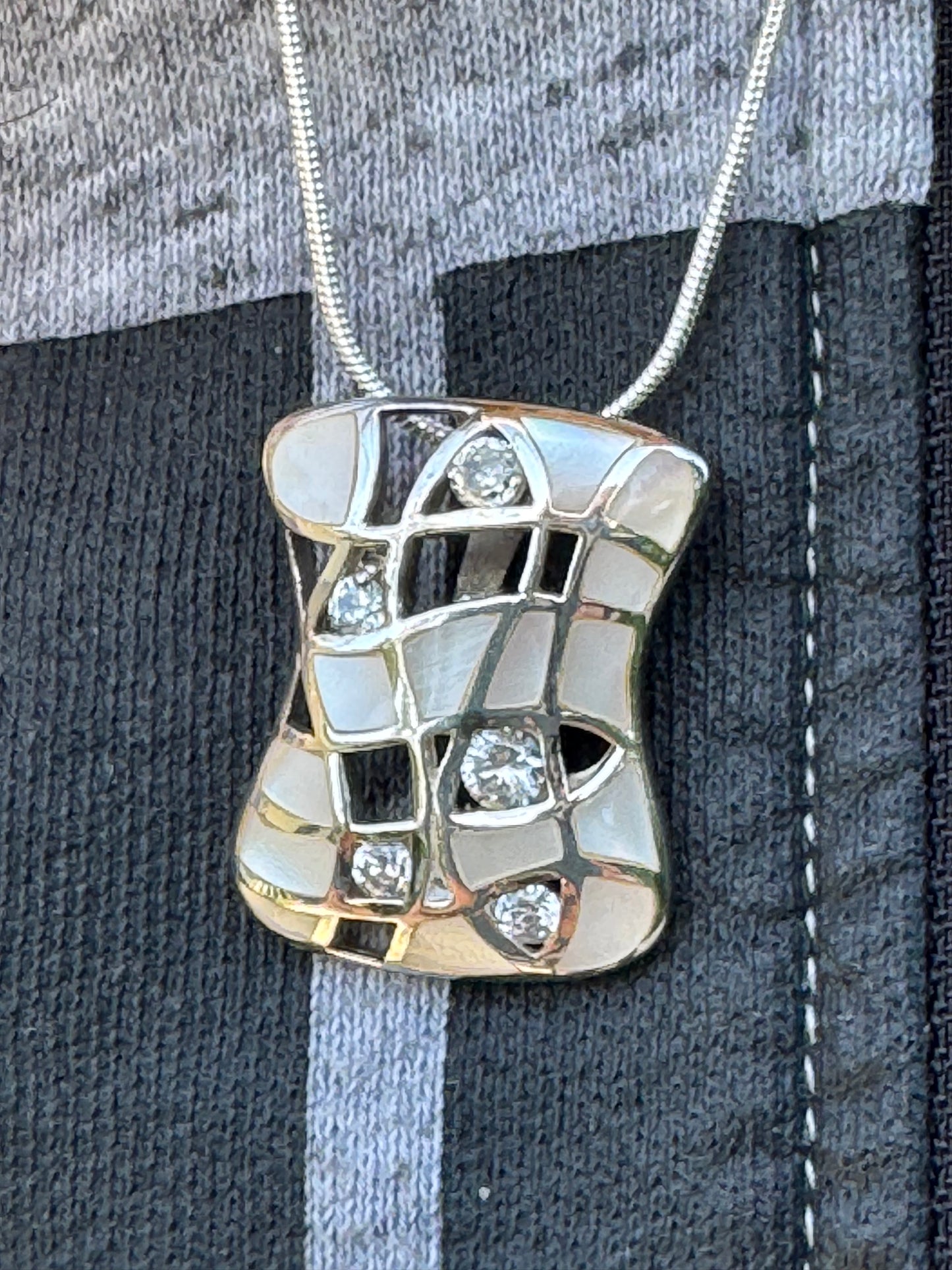 EVENING DRESSING-WHITE MOTHER OF PEARL PLUS CLEAR CRYSTALS STERLING NECKLACE